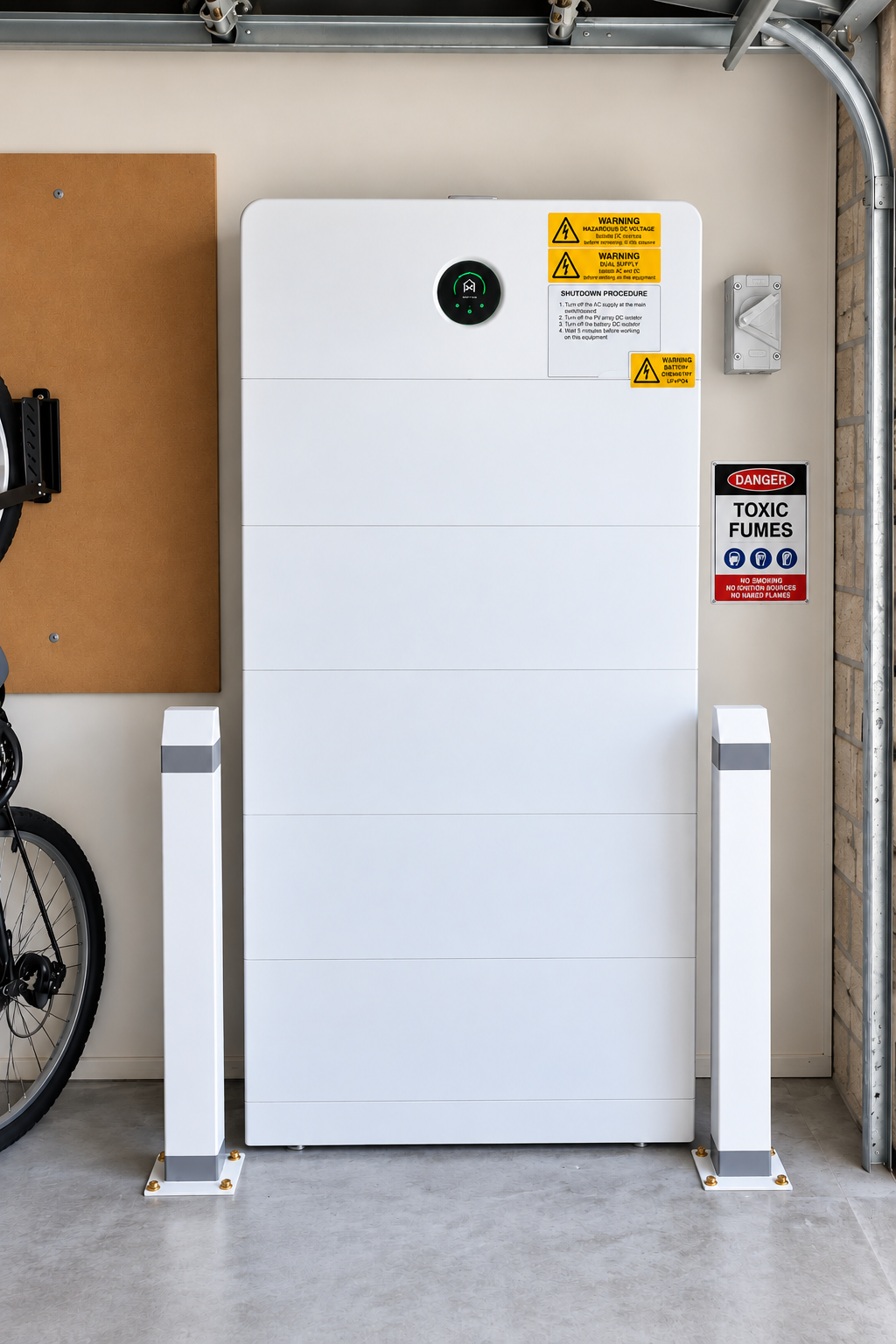 Home battery storage unit installed in a garage